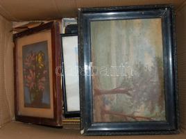 Hatalmas képkeret és nyomat tétel néhány olaj képpel és akvarellel