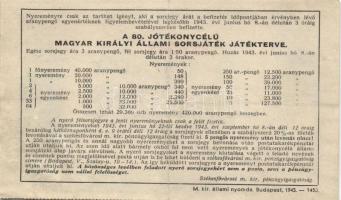 Budapest 1943.Március 1,5 Arany pengő Fél-Sorsjegy a 80. jótékonycélú M.Kir. Állami Sorsjátékra T:II