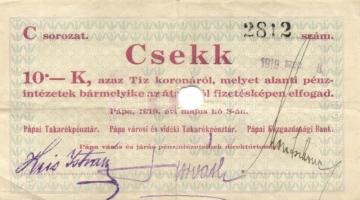 Pápa 1919. május 8. 10K C sorozat + 20K (3x)D sorozat + 50K E sorozat,mind lyukasztással érvénytelenítve, három aláíró és két aláíró változat is közte T:II-,III