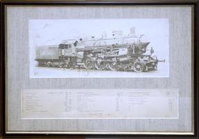 Régi magyar gőzmozdony gépészeti adatokkal, üvegezett keretben / steam engine 28x38cm