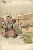 New year kid and pig, litho