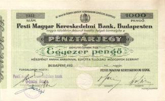 Budapest 1941-44. A Pesti Magyar Kereskedelmi Bank pénztárjegye 1000P-ről T:II-