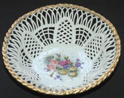 Áttört aranyozott kosárka virág mintával/ wicker gilded chinaware bowl  d:17 cm
