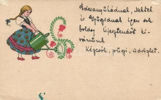 Hungarian folklore, flower watering girl, Magyar folklór, virágot öntöző lány