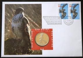 Hollandia 1995. Ecu "Ragadozó madarak" érmés borítékon alkalmi bélyegzős bélyegpárral, hátoldali ismertetővel T:BU