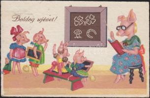 New Year pigs in school, litho