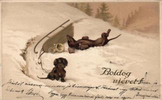 New Year, dogs play in the snow, litho