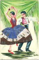 Tango dancers, silk card, artist signed (fa)