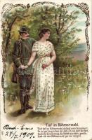 Lady and the hunter, litho, Emb.