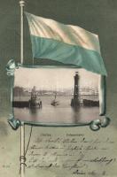 Lindau lighthouse, steamship, litho