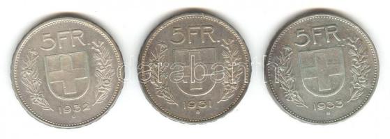 Svájc 1931/32/33B 5Fr Ag (3x) T:2-/3
Switzerland 1931/32/33B 5 Francs Ag (3x) C:VF/F