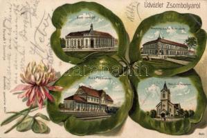 Zsombolya railway station, Muschong palace, restaurant, Catholic church, litho