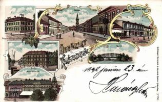 1989 Karánsebes, Iron bridge, Maria Theresa square, Main street, Officers pavilion, litho