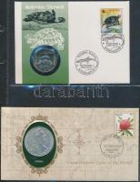 12 különféle érmés, bankjegyes borítékok: 1978. 2Ft bélyeges borítékon alkalmi bélyegzővel T:1 + 1980. 10Ft érmés, bélyeges borítékon ismertetővel T:1 + 1982. 100Ft bélyeges borítékon ismertetővel T:1 + 1985. 100Ft "Természetvédelem-vidra" érmés, bélyeges borítékon, alkalmi bélyegzővel T:BU Ismertetővel! + 1985. 100Ft "Természetvédelem-mocsári teknős" érmés, bélyeges borítékon, alkalmi bélyegzővel T:BU Ismertetővel! + 1973. 1Ft érmés, bélyeges borítékon + hátlapon elsőnapi bélyegzős ENSZ bélyegekkel, előoldal Pusztai ötös bélyeg, ismertetővel T:1 + 1973. 1Ft érmés, bélyeges borítékon + hátlapon elsőnapi bélyegzős ENSZ bélyegekkel, előoldal Legelő ménes bélyeg, ismertetővel T:1 + 1988. 50Ft "Világ vadvédelmi alap..Kék Vércse" érmés, bélyeges borítékon T:BU Ismertetővel! + 1988. 100Ft "Labdarúgó VB" érmés, bélyeges borítékon, olasz bélyeggel és alkalmi bélyegzővel T:BU Ismertetővel! + 1998. "Lisszaboni  Világkiállítás / Carolina gőzhajó aranyozott emlékérem" bélyeges-érmés borítékon, számozott T:PP csak 500db! + 1975. 20Ft dekoratív, nagyalakú bankjegyes, bélyeges borítékon, "felszabadulás" bélyegblokkal alkalmi bélyegzővel T:I + 1780SF. Tallér Ag utánveret ugandai bélyeges-érmés borítékon elsőnapi bélyegzővel T:1-