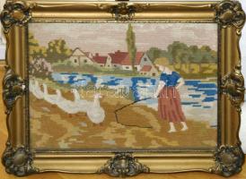 cca. 1900 Libapásztor lányt ábrázoló gobelin üvegezett keretben 43x33cm