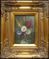 Huszadik század eleji ismeretlen jelzéssel: Virágcsendélet, gyönyörű faragott keretben  27x32cm