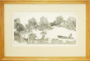 Tulipán László (1943-2007): Horgász. Rézkarc, papír. Jelzett. 40x20 cm Üvegezett keretben