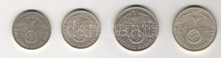 D.Reich 1938-39. 2M (2x), 5M (2x) klf. évszámokkal és verdejelekkel ezüst T:3+