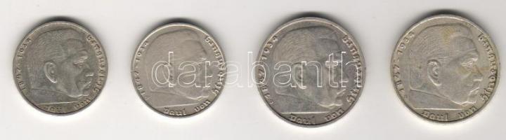 D.Reich 1938-39. 2M (2x), 5M (2x) klf. évszámokkal és verdejelekkel ezüst T:3+