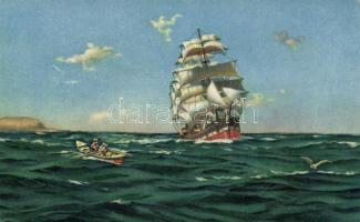 Sailboat and boat, litho