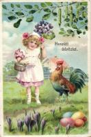 Easter, girl and rooster, litho, Emb. (small tear)