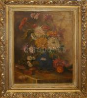 Vörös Géza (1897-1957): Virágok kék vázában, olaj, vászon, jelzett 50x70 cm Jó keretben