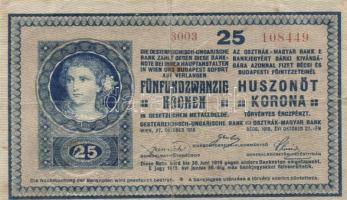 1918. 25K "3000" feletti sorozat, sima hátlap + "Szegedi Bankegyesületi Részvénytársaság - 1906" szárazbélyegzővel T:III