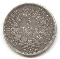 Franciaország 1848A. 5Fr Ag Herkules csoport T:2-/3 fny. France 1848A. 5 Francs Ag "Hercules Group" C:VF/F (solder)