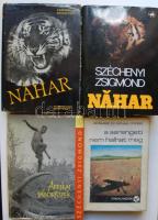 1963-1964  3 db Széchenyi Zsigmond vadászattal kapcsolatos könyve: 2db Nahar indiai utikalauz. Szépirodalmi Könyvkiadó, 1964.+Afrikai tábortüzek vadásznapló kivonatok, . Szépirodalmi Könyvkiadó, 1963. + Michael Giznek: Serengeti sose halt meg.