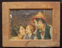 Családi portré érdekes zártechnikájú fa- fém keretben,  olaj- vászon, 16,5x25 cm