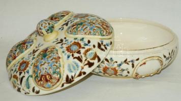 cca 1875 Antik, nagyméretű kézzel festett, aranyozott, áttört Zsolnay bonbonniere máz alatti kék jel...