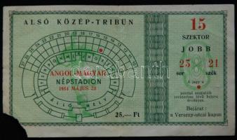 1954 május 23. Angol-magyar labdarúgó mérkőzés belépőjegye a Népstadionba. A legendás 6:3-as meccs visszavágója