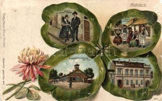 Mohács Központi szálloda, Dunahajózási társaság állomása, mohácsi kálvinista pap, népviselet, litho, Emb.