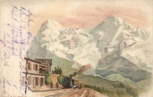 Eiger and Mönch, railway station, train, litho