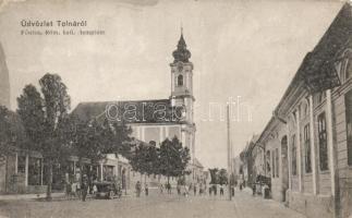 Tolna, Fő utca, Római katolikus templom, üzlet, automobile (fa)