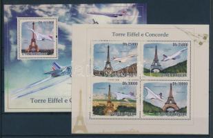 A Concorde repülő és az Eiffel torony kisív + blokk, Concorde airplane and Eiffel tower minisheet + block, Concorde und Eiffelturm Kleinbogen + Block