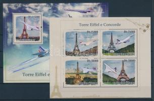 A Concorde repülő és az Eiffel torony kisív  + blokk, The Concorde aircraft and the Eiffel Tower minisheet + block, Concorde und Eiffelturm Kleinbogen + Block