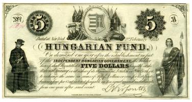1852. 5$ "A" "Kossuth bankó" fekete számozással T:I- jobb felső sarokban tűlyuk / Hungary 1852. 5 Dollar "A" "Kossuth" with black serial number C:AU needle hole Adamo G118/1a