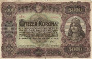 1920. 5000K "5B 01" T:III- hajtásnál beszakadás /  Hungary 1920. 5000 Korona C:VG (tear) Adamo K38.