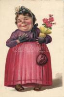 Woman with flowers, litho