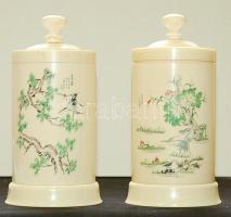 2 db kézzel festett elefántcsont fűszeres/tea- tartó, egyik sérült fedővel / ivory grocer 11x7cm