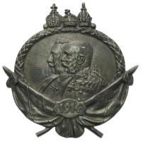 1914. I. Ferenc József magyar király és Habsburg-Lotaringiai Ferenc Ferdinánd főherceg mellképét ábrázoló fém plakett, hátoldalán függesztő karikával. (155x160mm) T:2 /  Hungary 1914. Franz Joseph I hungarian king and Archduke Franz Ferdinand of Austria metal plaque with suspension ring (155x160mm) C:XF,VF