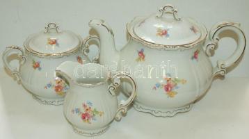 Dekoratív jelzett Zsolnay porcelán teás készlet: 5 tányér, 5 bögre, kanna, cukortartó, kiöntő/ Zsolnay tea-set