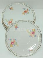 Dekoratív jelzett Zsolnay porcelán teás készlet: 5 tányér, 5 bögre, kanna, cukortartó, kiöntő/
Zsoln...