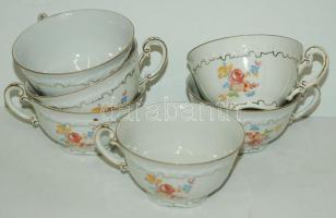 Dekoratív jelzett Zsolnay porcelán teás készlet: 5 tányér, 5 bögre, kanna, cukortartó, kiöntő/
Zsoln...