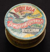 cca. 1910 Réthy Béla  gyógyszerész Pemetefű czukorka Békéscsaba dobozka d:7,5cm