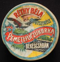 cca. 1910 Réthy Béla  gyógyszerész Pemetefű czukorka Békéscsaba dobozka d:7,5cm