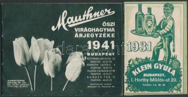 1931-1941 Klein Gyula zsebnaptár és itallap + Őszi Virághagyma árjegyéke