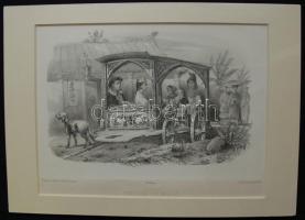 cca. 1900  Ázsiai jelenetet ábrázoló  színes rézkarc  paszpartuban/ cca. 1900 copper engraving asian scene 35x25 cm