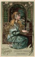 Chocolaterie Francaise, Christmas greeting, Art Nouveau Emb. litho